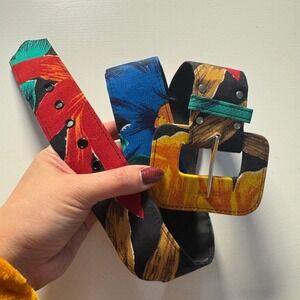 Vtg Tropical Floral Wide Fabric Belt Multicolor Statement Buckle Maximalist